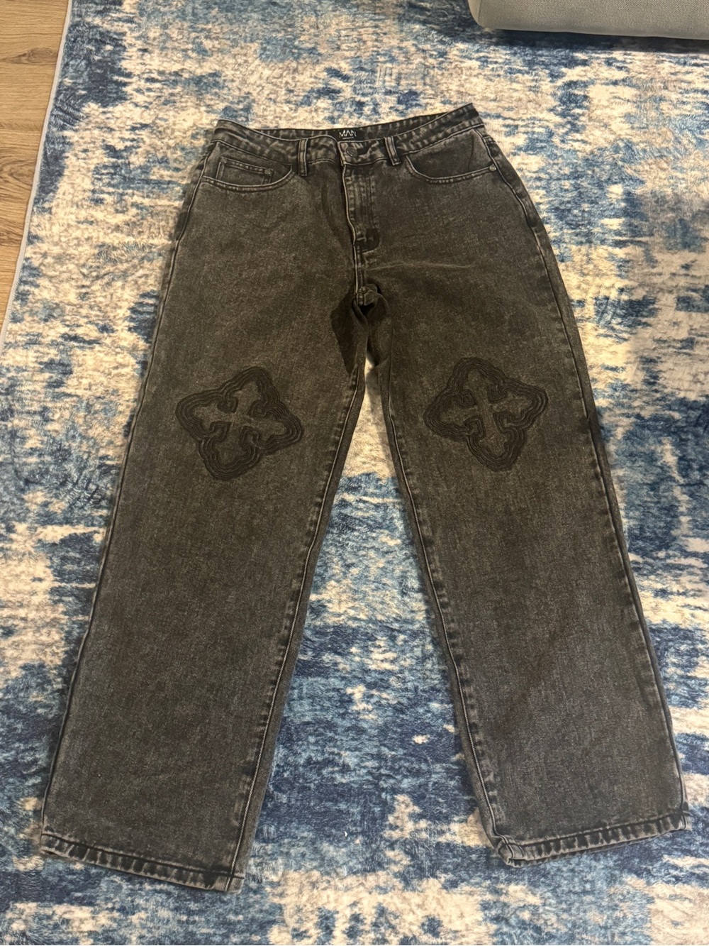 Relaxed Black Washed Men's Jeans with Embroidered Knee crosses!